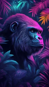 Neon jungle gorilla in chromatic foliage, digital painting.