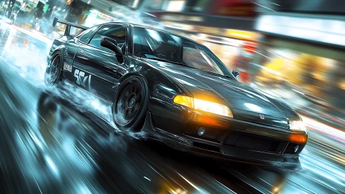 Night street racer car drifts through neon city rainstorm.