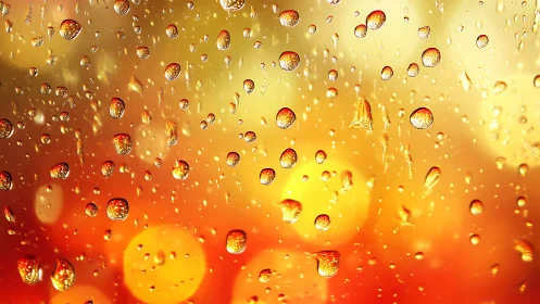 Rain droplets glow against golden orange bokeh light field.