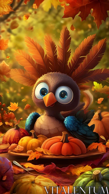 Adorable autumn owl with pumpkin feast and leafy crown.