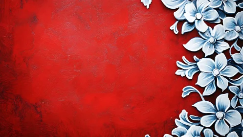 Three-dimensional blue and white stylized floral elements arranged against textured red background s