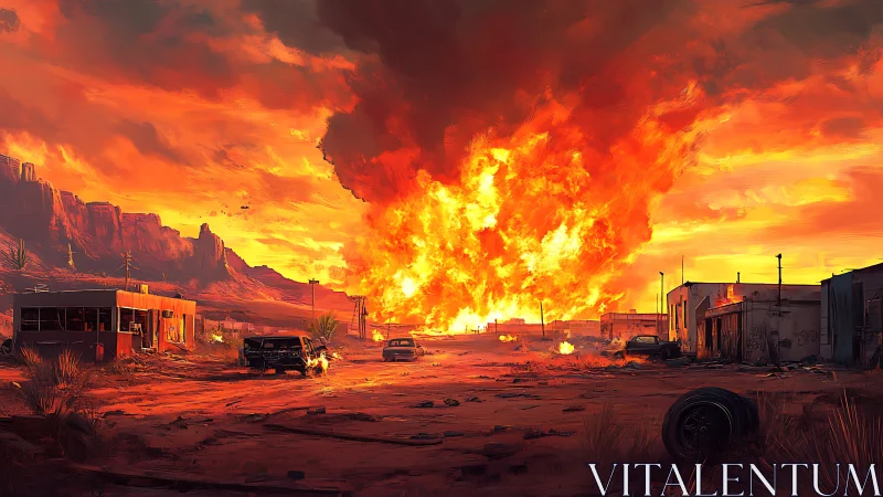 Apocalyptic desert blast engulfs derelict roadside settlement