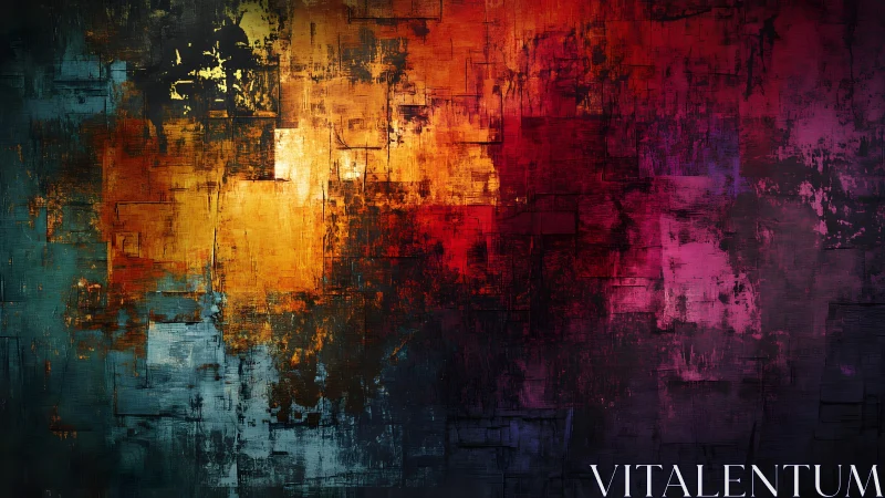 Abstract geometric painting with vibrant warm and cool tones.