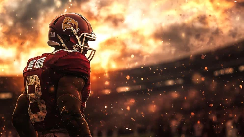 Gridiron titan strides through a storm of molten light.