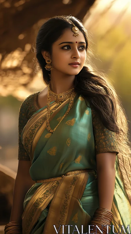 Young woman in teal silk saree with gold jewelry, outdoors.