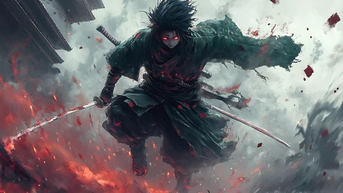 Samurai warrior with twin katanas leaps through burning battlefield