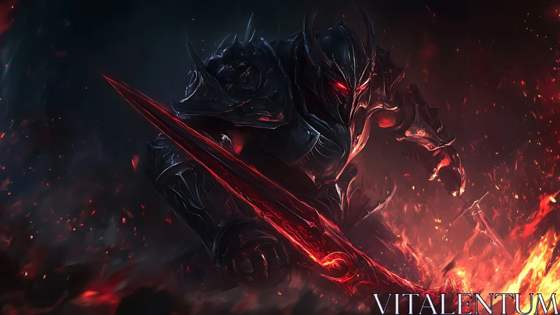 Armored infernal warrior lunges forward with a blazing crimson blade