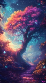 Twisting luminous tree over glowing forest path at dusk.