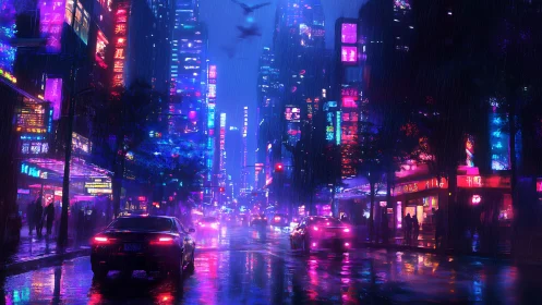 Neon-soaked cyberpunk street under heavy rain at night.