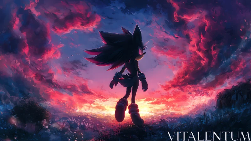 Silhouetted hedgehog figure against vivid sunset sky.