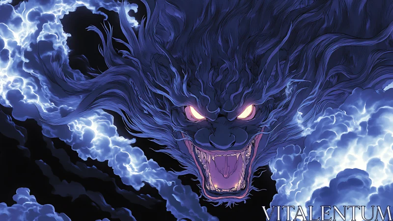 Storm demon emerges roaring from lightning-charged clouds.