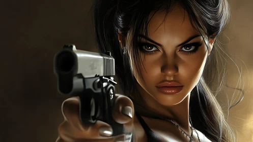 Steely gaze locks on target as chrome pistol owns the frame