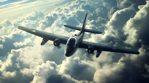 Stormrider bomber glides through cathedral clouds at dusk.