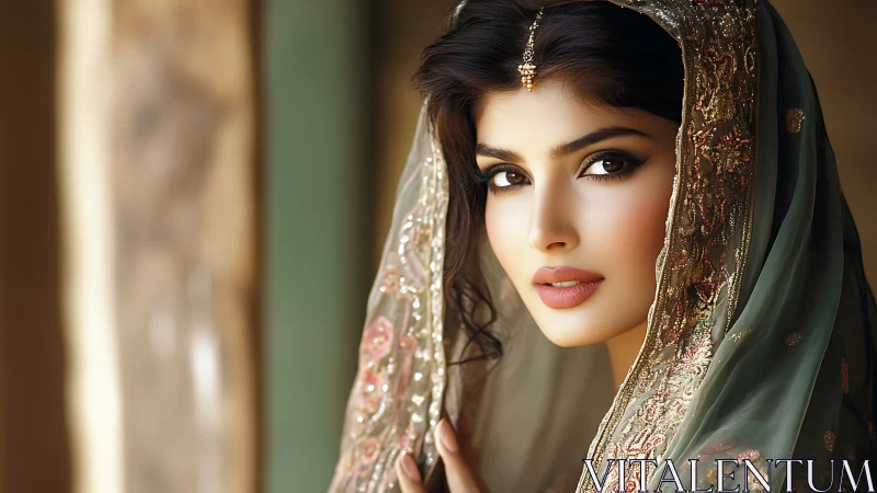 Elegant woman in traditional attire with ornate headscarf, soft lighting.