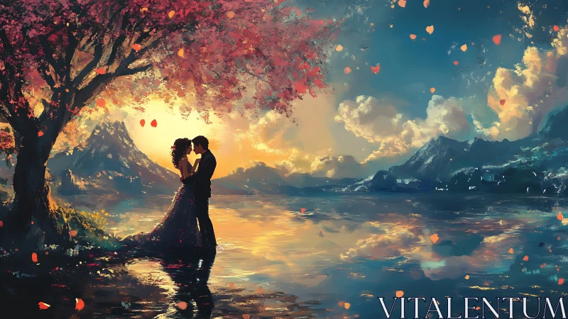 Lovers Beneath Crimson Tree at Golden Sunset.