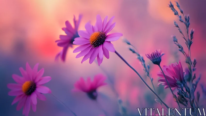 Pink daisies in soft focus against vivid pastel sunset tones.