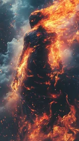 Fiery elemental humanoid figure against stormy clouds.