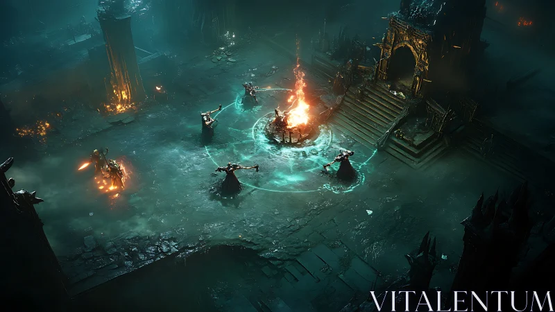 Dark ritual unfolds in ruined cathedral under cold cyan light