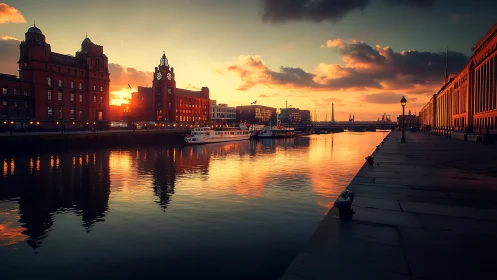 Sunset over riverside city docks with boats and reflections.