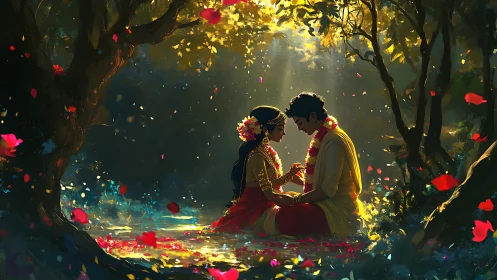 Bride and Groom in Floral Forest Wedding Moment.