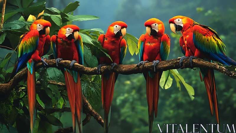 Five Vibrant Scarlet Macaws Perched on Jungle Branch, Lush Style.