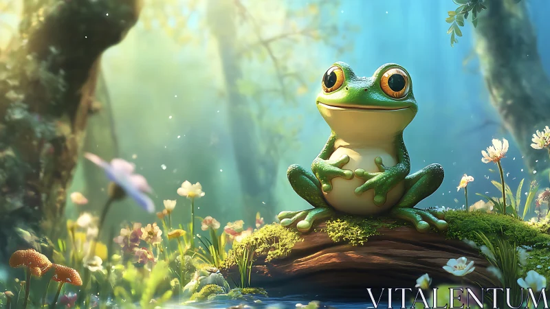 Cheerful tree frog rests in a glowing enchanted forest glade