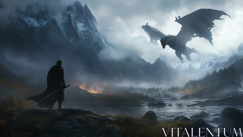 Solitary warrior observing dragons over alpine valley.