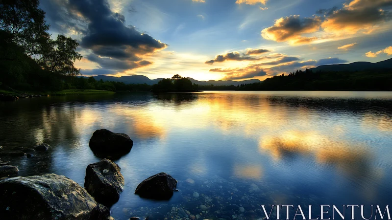 Calm lake sunset with rocks, trees, clouds, and reflections.