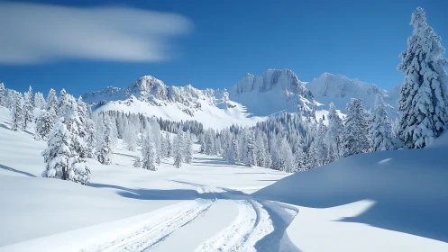 Photorealistic alpine snowfield with leading ski track lines.