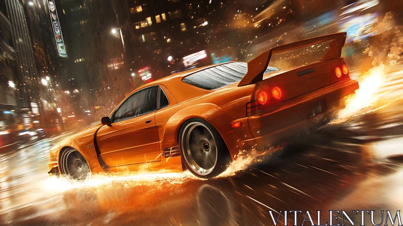 Flame-tailed street racer carving neon rainfire streets.