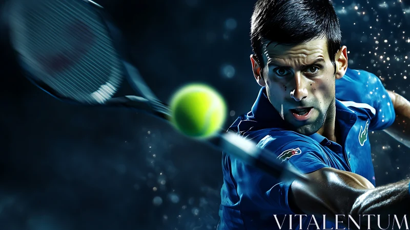 Tennis player drives powerful forehand under dramatic lights