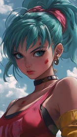Sky-bright rebel girl gazes forward with bold turquoise hair