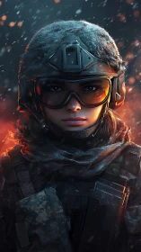 Blazing winter soldier portrait in ember-kissed snowfall.