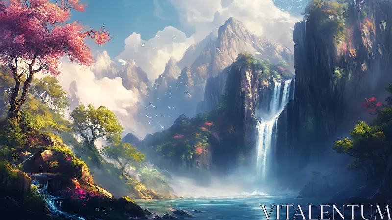Mountain valley waterfall with flowering trees under clouds.