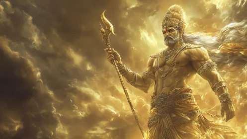 Mythic warrior deity in luminous golden digital painting.