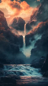 Cinematic vertical landscape with cascading mountain waterfall.