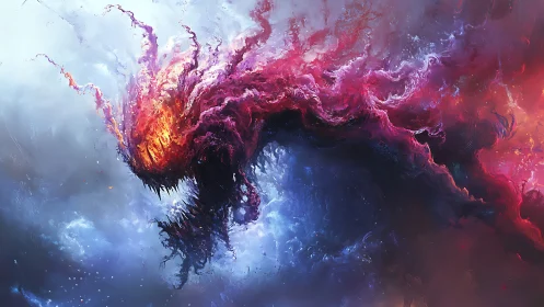 Fiery cosmic monster emerging in swirling nebula clouds.