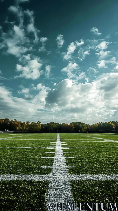 Empty football field under dramatic cloud-filled sky at noon.