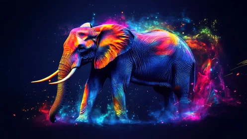 Multicolored digital elephant with neon spectral glow.