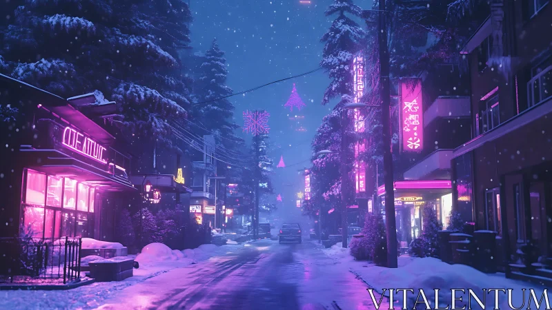 Cyberpunk winter street with neon signage and urban depth mapping.