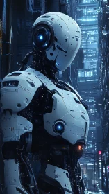 White humanoid robot in dark blue futuristic city alley.
