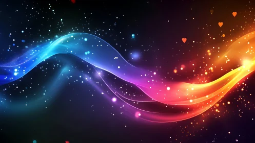 Colorful light waves cross cosmic night with glowing hearts.