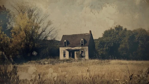 Weathered farmhouse stands alone in overgrown rural field.