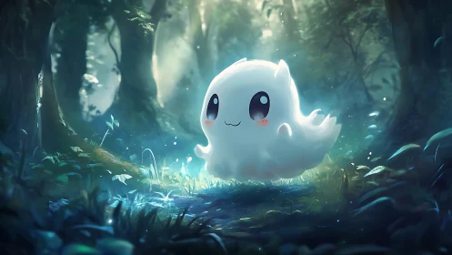 Luminescent forest ghost character in cinematic misty glade.