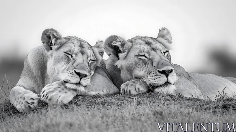 Two Female Lions Resting in Grassland: Grayscale Wildlife Portrait Study