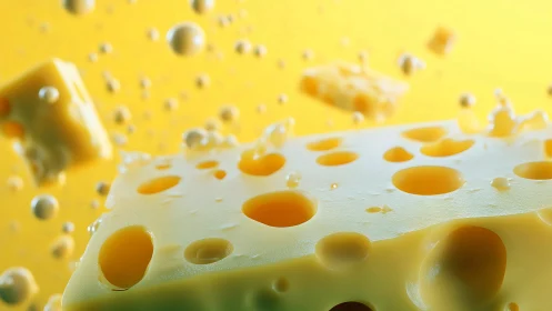 Floating swiss cheese cubes against yellow background.
