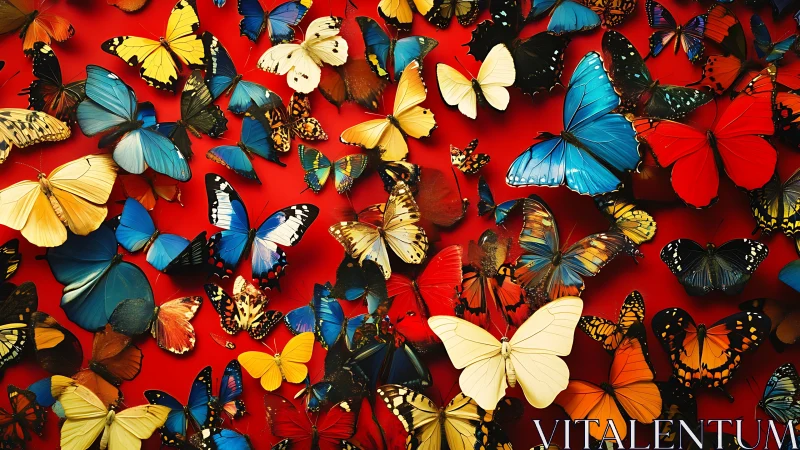 Multicolored butterflies cover dense red background surface