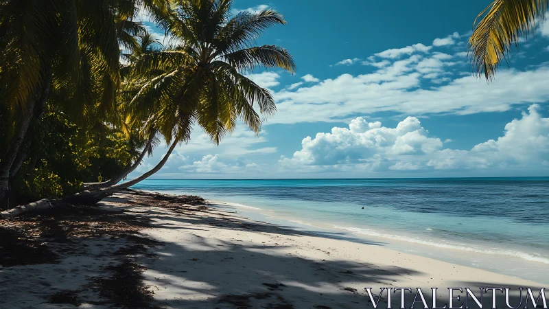 Tropical Beach Shoreline with Coconut Palms and Clear Waters.
