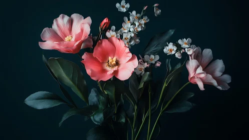 Pink camellia blooms with small white flowers composition