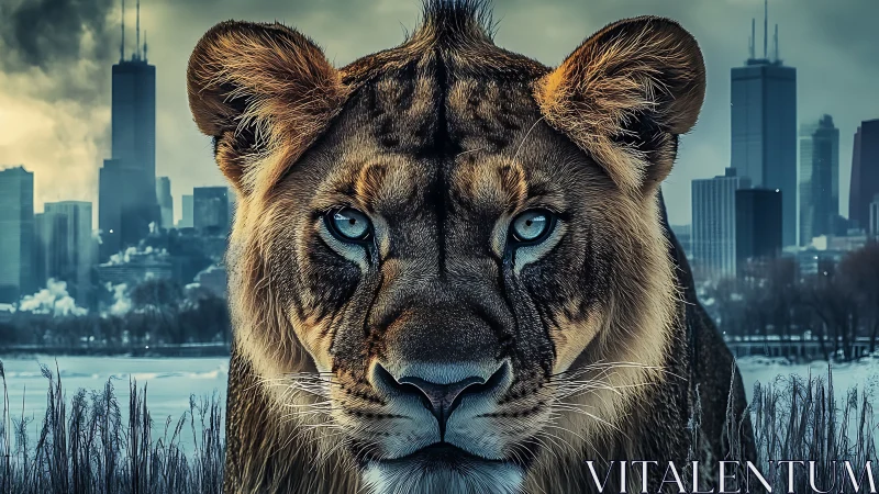 Lioness with blue eyes faces urban skyline backdrop.